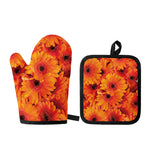 Orange Daisy Flower Print Oven Mitt And Pot Holder Set