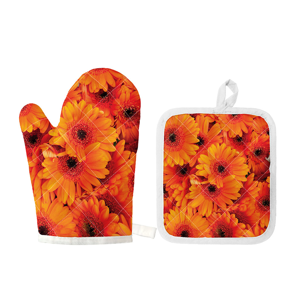 Orange Daisy Flower Print Oven Mitt And Pot Holder Set