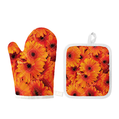Orange Daisy Flower Print Oven Mitt And Pot Holder Set