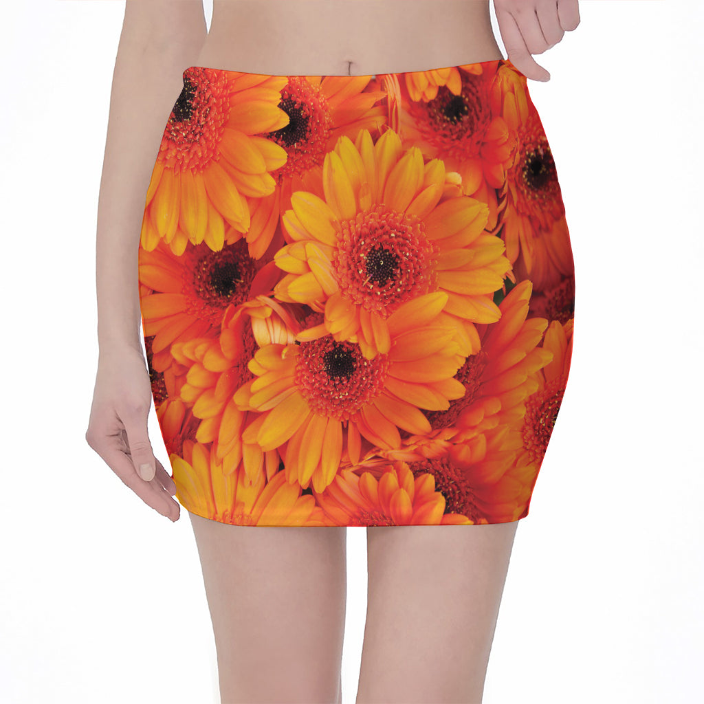 Orange Daisy Flower Print Pencil Mini Skirt