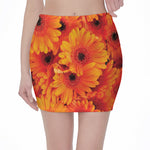 Orange Daisy Flower Print Pencil Mini Skirt