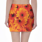 Orange Daisy Flower Print Pencil Mini Skirt