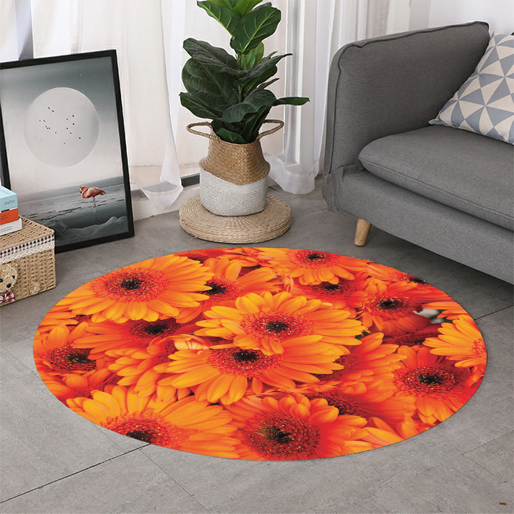 Orange Daisy Flower Print Round Rug