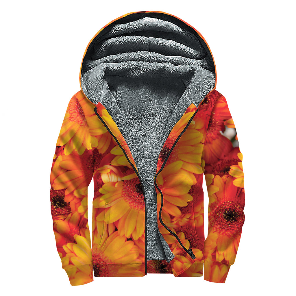 Orange Daisy Flower Print Sherpa Lined Zip Up Hoodie