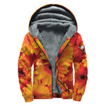 Orange Daisy Flower Print Sherpa Lined Zip Up Hoodie