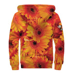 Orange Daisy Flower Print Sherpa Lined Zip Up Hoodie