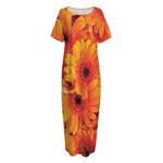 Orange Daisy Flower Print Short Sleeve Long Nightdress