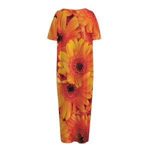 Orange Daisy Flower Print Short Sleeve Long Nightdress