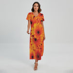 Orange Daisy Flower Print Short Sleeve Maxi Dress