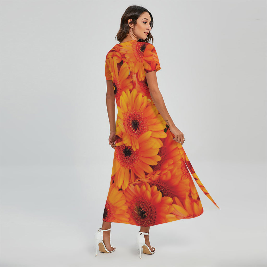 Orange Daisy Flower Print Short Sleeve Maxi Dress