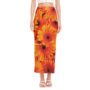 Orange Daisy Flower Print Side Slit Maxi Skirt