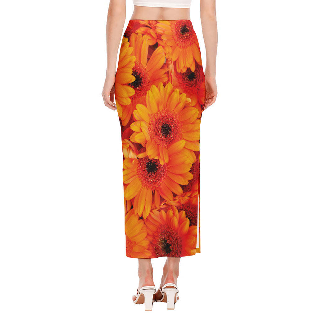 Orange Daisy Flower Print Side Slit Maxi Skirt