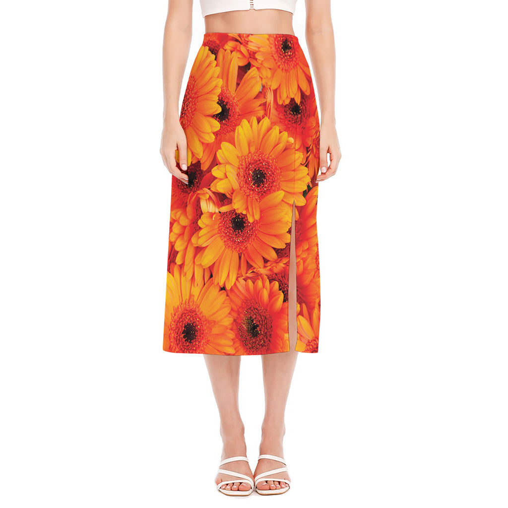 Orange Daisy Flower Print Side Slit Midi Skirt