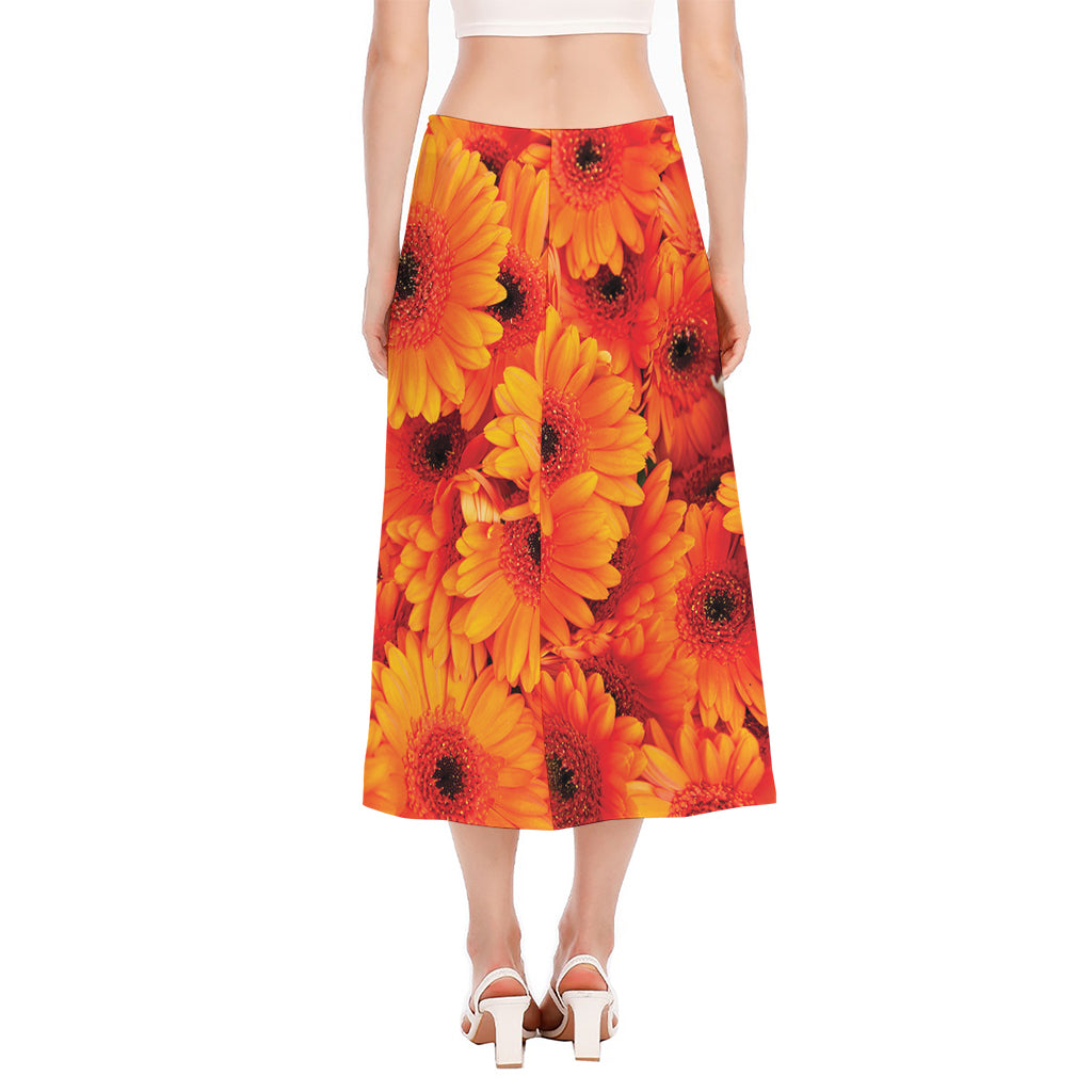 Orange Daisy Flower Print Side Slit Midi Skirt