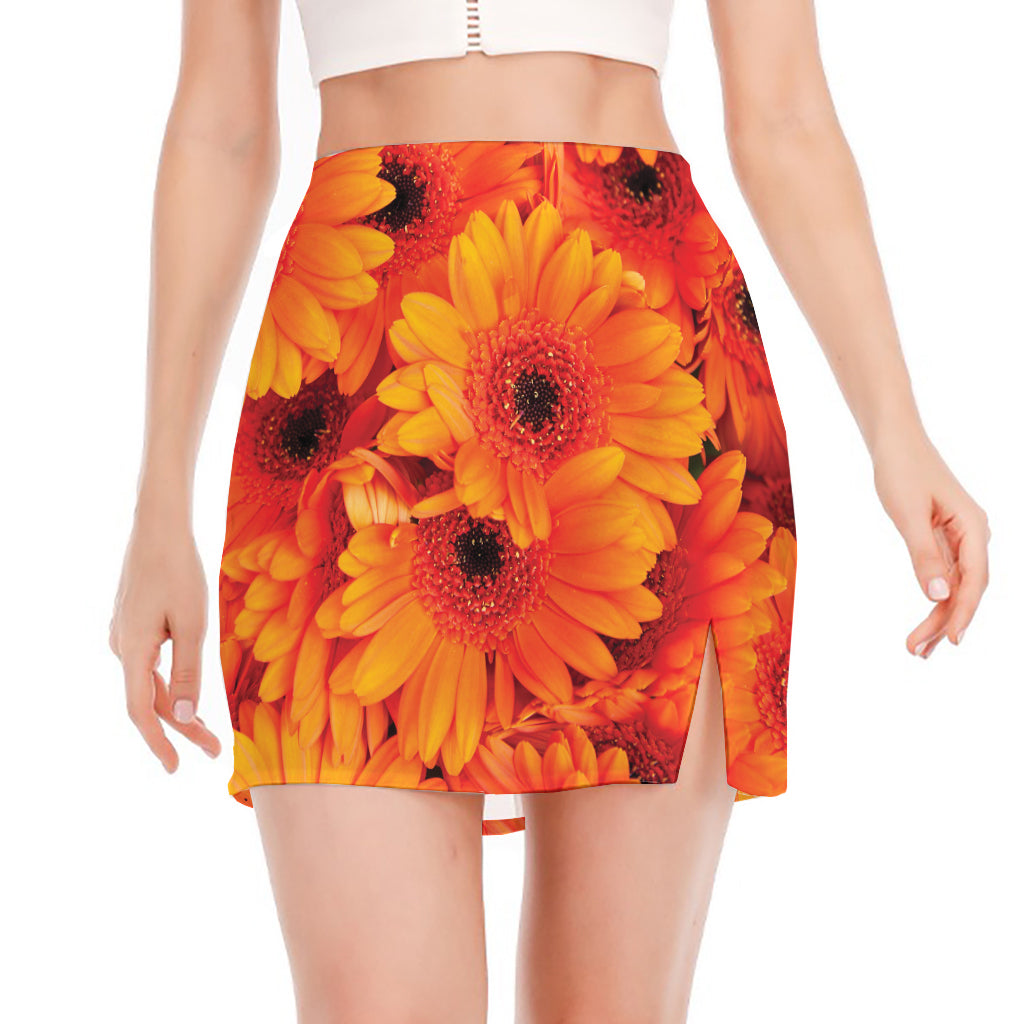 Orange Daisy Flower Print Side Slit Mini Skirt