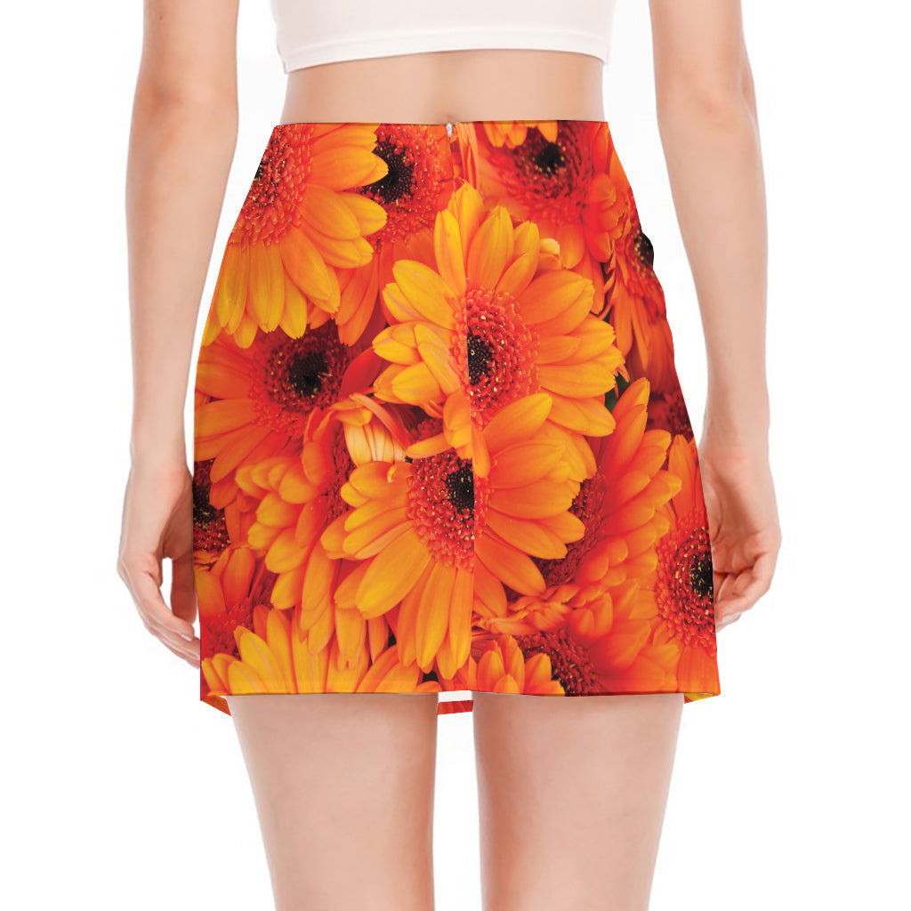 Orange Daisy Flower Print Side Slit Mini Skirt