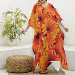 Orange Daisy Flower Print Silk V-Neck Kaftan Dress