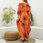 Orange Daisy Flower Print Silk V-Neck Kaftan Dress