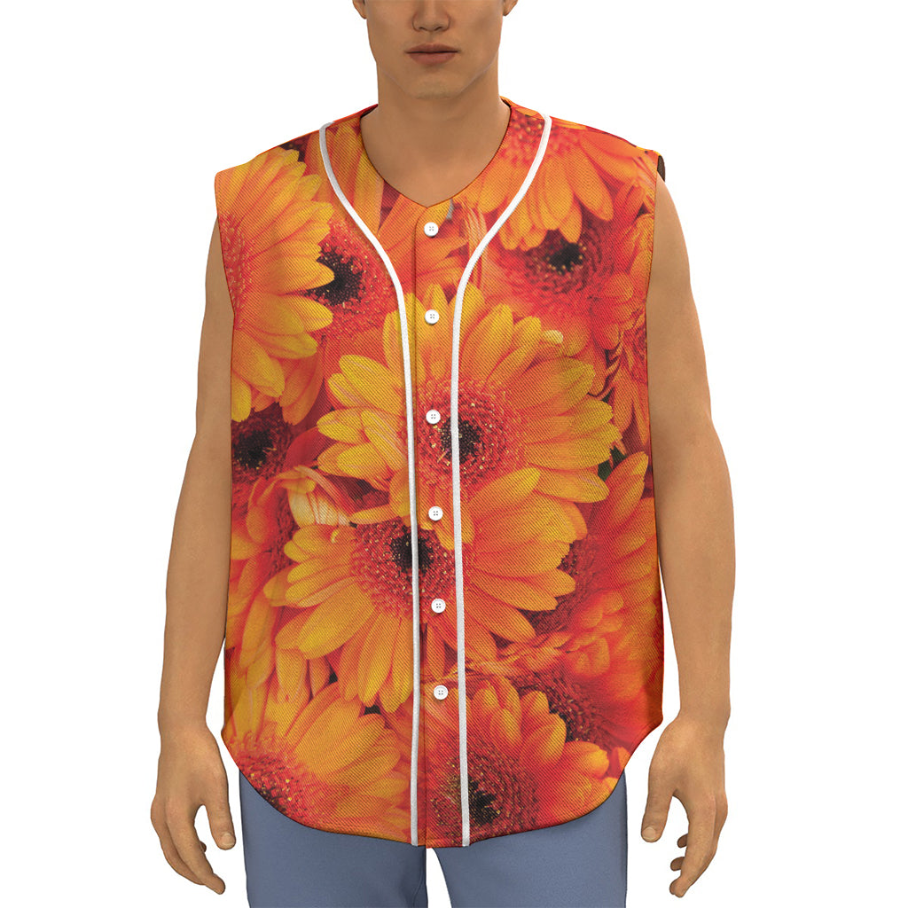 Orange Daisy Flower Print Sleeveless Baseball Jersey