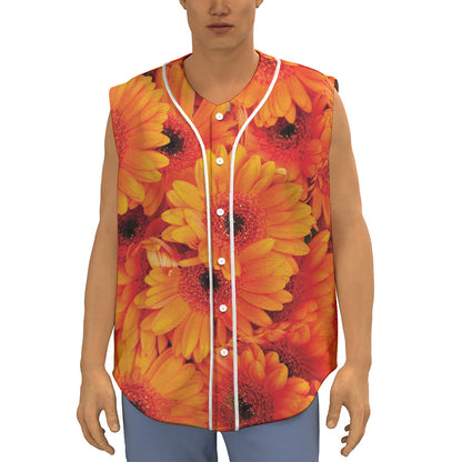 Orange Daisy Flower Print Sleeveless Baseball Jersey