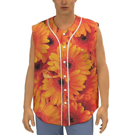 Orange Daisy Flower Print Sleeveless Baseball Jersey