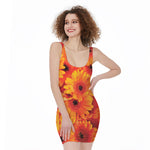 Orange Daisy Flower Print Sleeveless Bodycon Dress