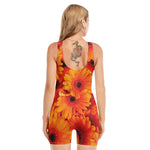 Orange Daisy Flower Print Sleeveless One Piece Swimsuit