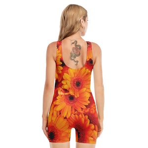 Orange Daisy Flower Print Sleeveless One Piece Swimsuit