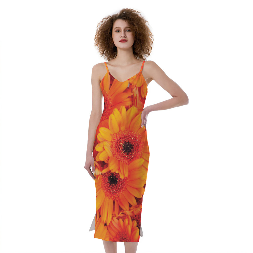 Orange Daisy Flower Print Slim Fit Midi Cami Dress