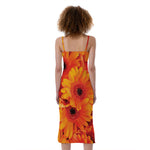 Orange Daisy Flower Print Slim Fit Midi Cami Dress