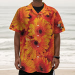 Orange Daisy Flower Print Textured Short Sleeve Shirt