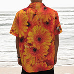 Orange Daisy Flower Print Textured Short Sleeve Shirt
