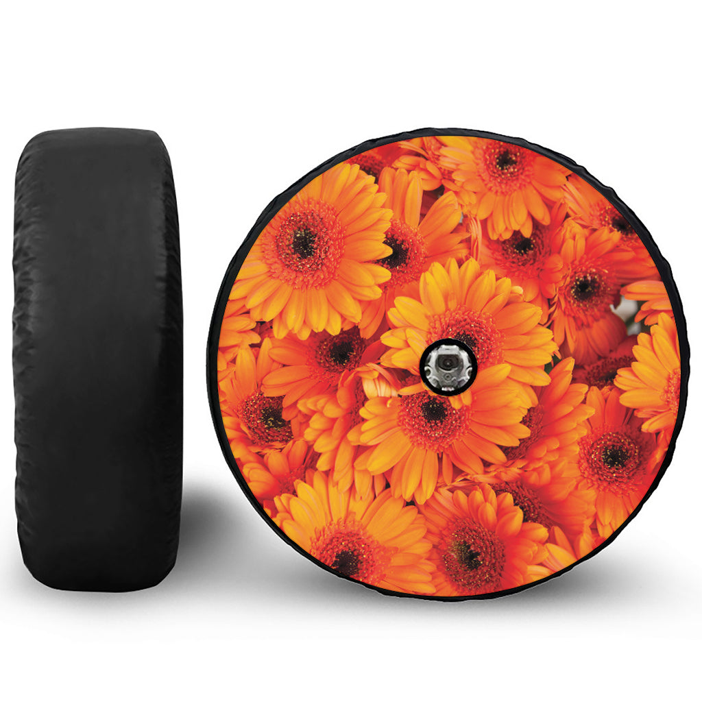 Orange Daisy Flower Print Tire Cover With Camera Hole