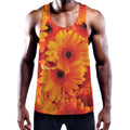 Orange Daisy Flower Print Men's Workout Tank Top