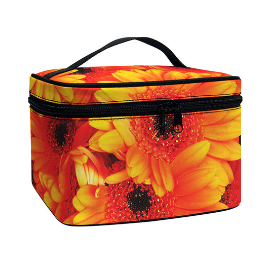 Orange Daisy Flower Print Travel Makeup Bag