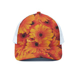 Orange Daisy Flower Print White Mesh Trucker Cap