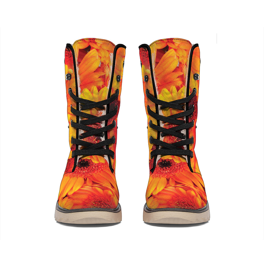 Orange Daisy Flower Print Winter Boots