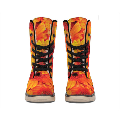 Orange Daisy Flower Print Winter Boots