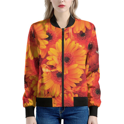 Orange Daisy Flower Print Women's Bomber Jacket