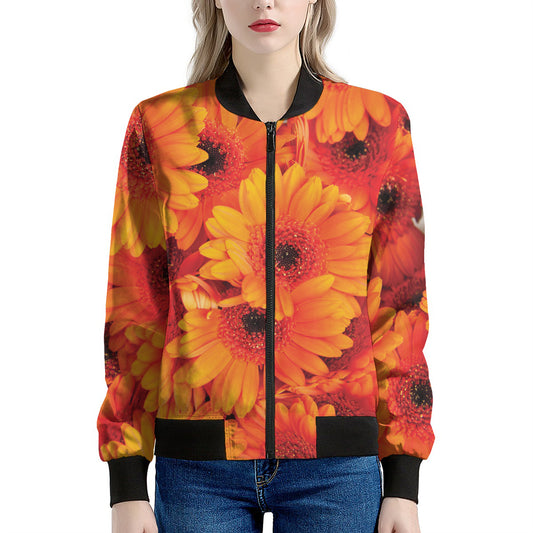 Orange Daisy Flower Print Women's Bomber Jacket