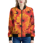 Orange Daisy Flower Print Women's Bomber Jacket