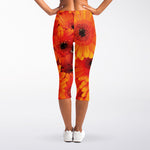 Orange Daisy Flower Print Women's Capri Leggings