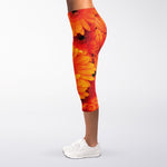 Orange Daisy Flower Print Women's Capri Leggings