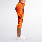 Orange Daisy Flower Print Women's Capri Leggings
