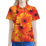 Orange Daisy Flower Print Women's Polo Shirt