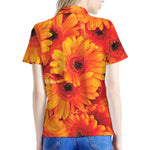 Orange Daisy Flower Print Women's Polo Shirt