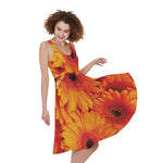 Orange Daisy Flower Print Women's Sleeveless Dress