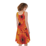 Orange Daisy Flower Print Women's Sleeveless Dress