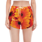 Orange Daisy Flower Print Women's Split Running Shorts