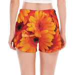Orange Daisy Flower Print Women's Split Running Shorts